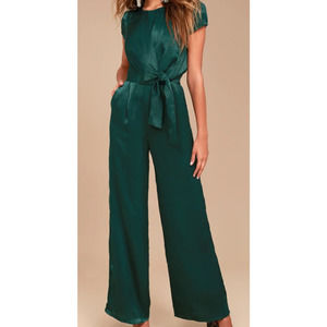 LULU'S Sz S Let Me Entertain You Forest Green Satin Wide-Leg Jumpsuit NEW B157